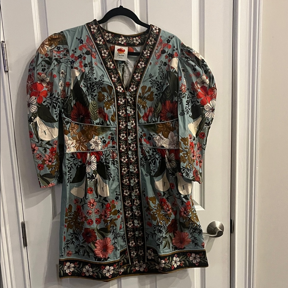 FARM Rio Floral Puff Sleeve Mini Dress - Teal and Red